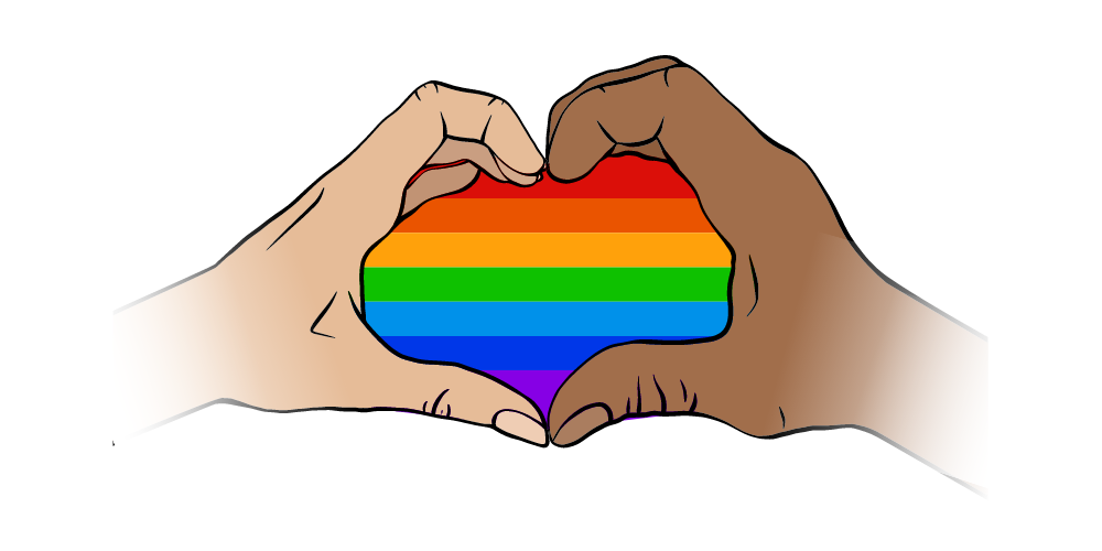 A light-skinned hand and a brown-skinned hand form the shape of a heart, and inside the heart are the colors of the rainbow